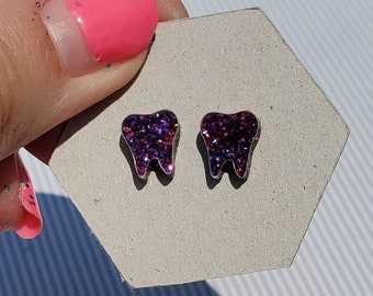 Glitter tooth earrings, tooth stud earring, dental hygienist gift, dental gift, dentist gift, dental jewelry, tiny tooth, teeth jewelry, rub