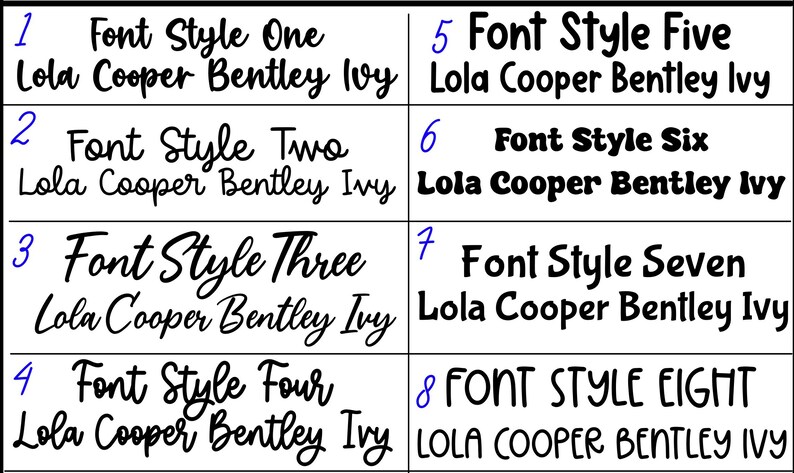 Peut inclure: Huit exemples de texte dans une grille, pr&eacute;sentant diff&eacute;rents styles de police. Chaque &eacute;chantillon affiche "Font Style" suivi d'un num&eacute;ro, et "Lola Cooper Bentley Ivy", dans diverses polices, offrant un choix vari&eacute; de typographies.