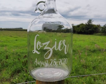 Last Name Est. Date One Gallon Glass Jug | Wedding Fund | Customizable Glass Jar | Vacation Fund Jar | Money Growler | Tatoo Fund