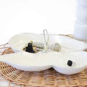 White Speckled California Pottery Divided Tidbit Tray with Silver Handle