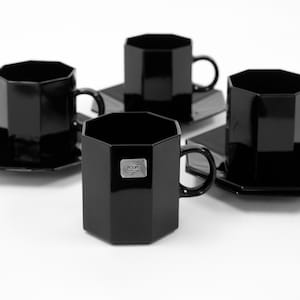 Arcoroc Octime Black Glass Mug and Saucer Set of 4