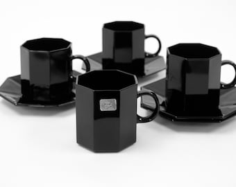 ARCOROC "Octime" Black Glass Coffee Cup and Saucer | Set of 4