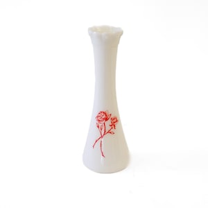 Hazel Atlas Milk Glass Bud Vase with Transferware Roses