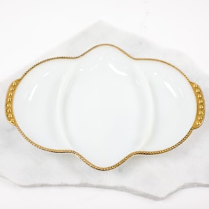1950&#39;s Anchor Hocking Fire King Milk Glass Sectioned Tray with Gold Beaded Trim