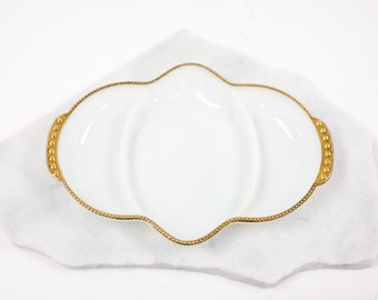1950's Anchor Hocking Fire King Milk Glass Sectioned Tray with Gold Beaded Trim
