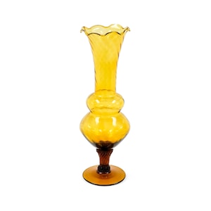 60s Amber Murano Style Blown Art Glass Vase with Crystal Base