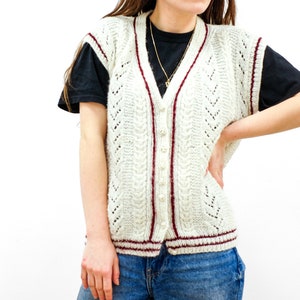 Cream and Red Knit Varsity Vest