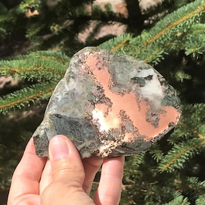 May include: A natural stone with a copper-colored pattern. The stone has a mix of gray, green, and white hues. The copper pattern is a striking contrast against the other colors. The stone is held against a backdrop of green pine needles.