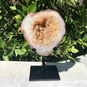 Microcrystalline Covered Quartz Crystals  on Yellow Agate Geode