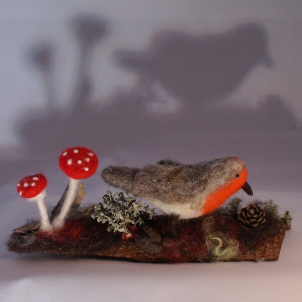 Needle felted robin and mushroom woodland scene, fly agaric mushrooms, needle felted sculpture, OOAK collectible piece