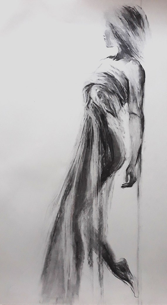 Dessin De Figure Féminine Sensuelle Dessin Au Fusain Femme Dessin Grand Art Charbon 39 X 22 Pouces 57x100cm Alinalouka Fait à La Main