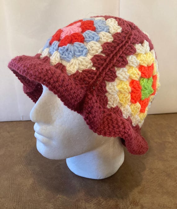 Handmade Crochet Granny Square Bucket Hat Rust Multi Color  display picture 1