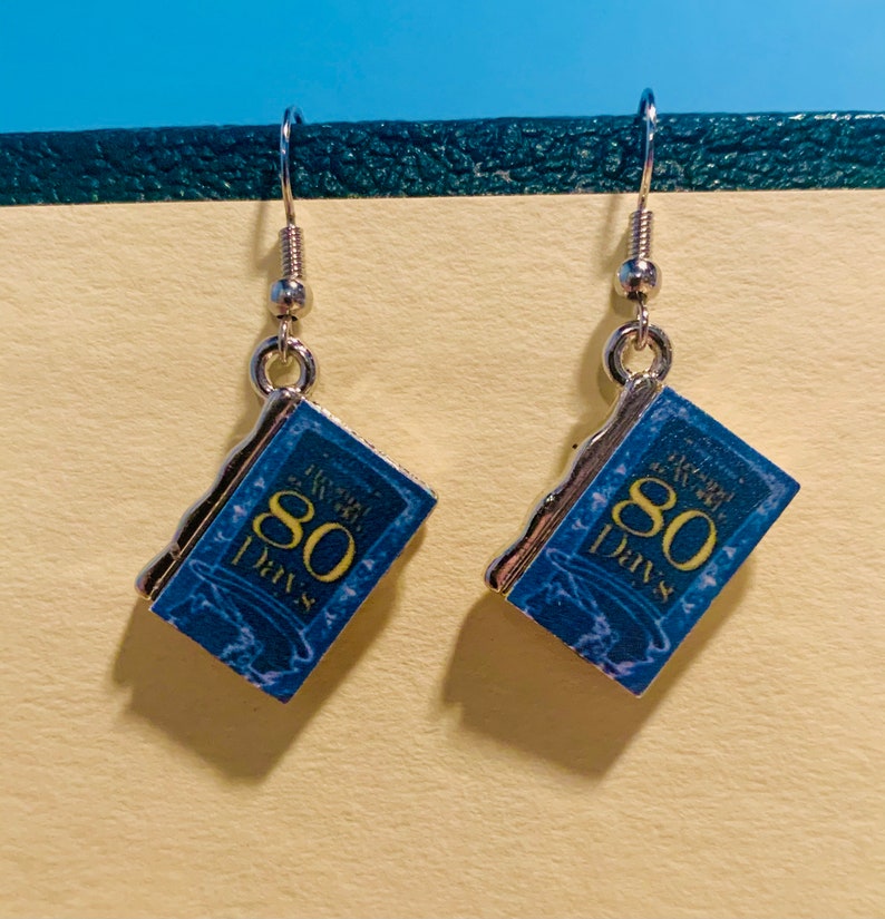 Book Charm Earrings Around the World in 80 Days Jules Verne Earrings Jules Verne Book Earrings