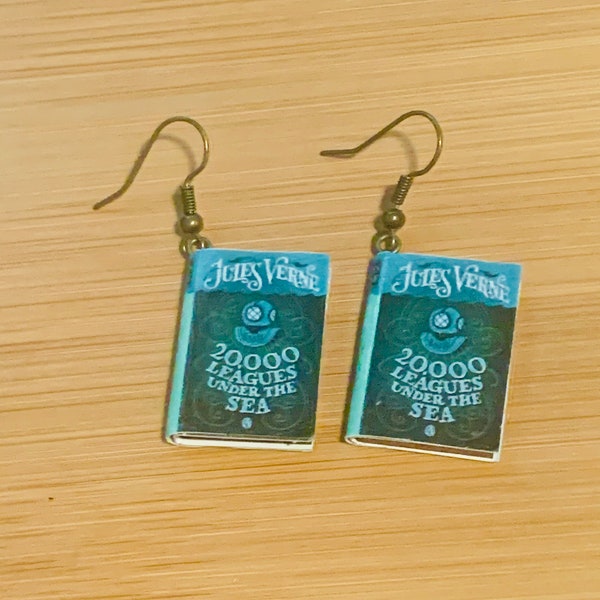 Book Earrings, 20,000 Leagues Under the Sea, 20,000 Leagues, Earrings, Jules Verne, Jules Verne Earrings, Book Charm Earrings