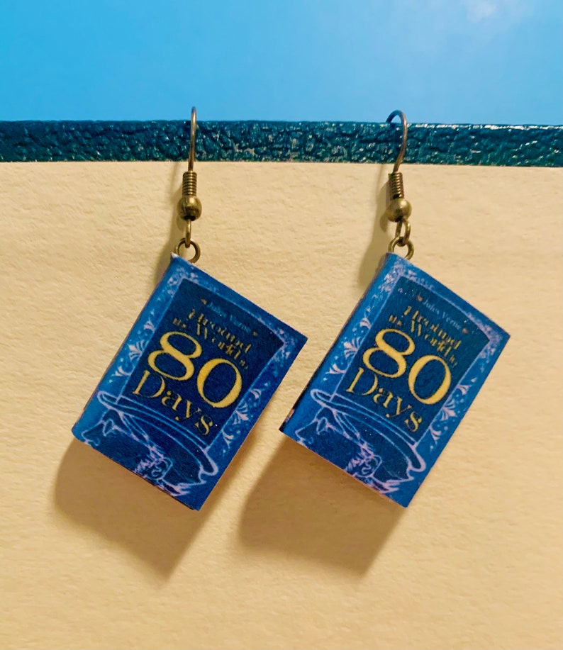 Book Charm Earrings Around the World in 80 Days Jules Verne Earrings Jules Verne Book Earrings