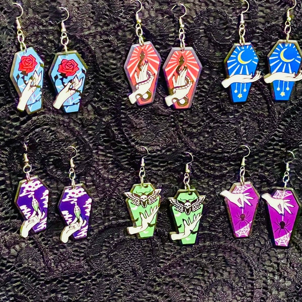 Coffin Earrings, Graphic Coffin Earrings, Acrylic Coffin Earrings, Hand Earrings, Spooky Earrings, Moons, Roses, Spider, Potion, Snake, Moth