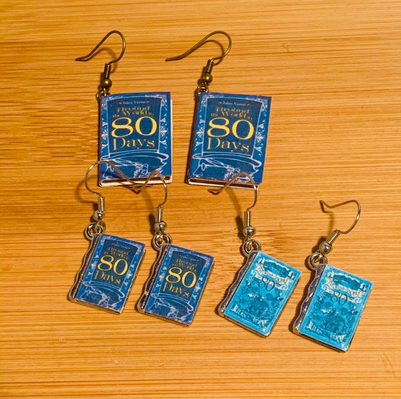 Book Charm Earrings Around the World in 80 Days Jules Verne Earrings Jules Verne Book Earrings