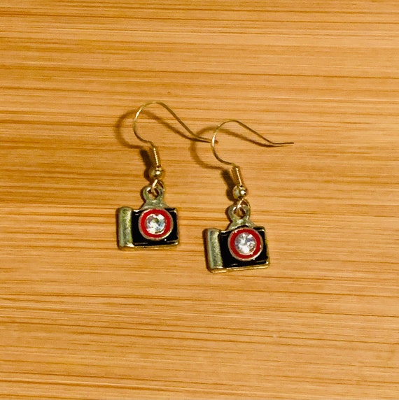Camera Earrings Jeweled Camera Earrings Black Camera Etsy