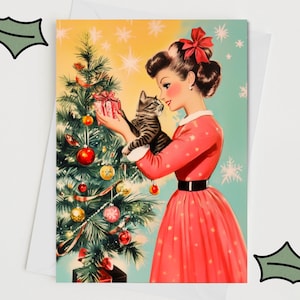 Vintage/retro style Christmas card -  girl with a cat and. Christmas tree - 1950s Greetings card - Vintage scene  - Personalised card