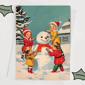 Vintage/retro style Christmas  card -  children building a snowman - 1950s Greetings card - Vintage scene  - Personalised card