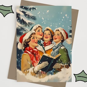 May include: Four women wearing red and white Santa hats sing Christmas carols from a book in a snowy winter scene.