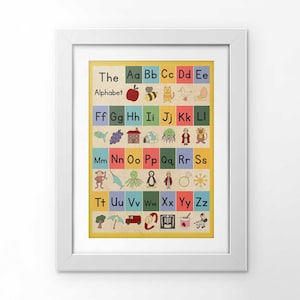 May include: A colourful alphabet chart with illustrations for each letter. The chart has a yellow background with each letter in a different coloured square. The letters are in uppercase and lowercase. The illustrations include a red apple, a bee, a cat, a duck, grapes, a house, a jellyfish, a king, a lion, a monkey, a narwhal, an octopus, a penguin, a queen, a ring, a sun, a tree, a car, a window, a jar of jam, and a zebra.