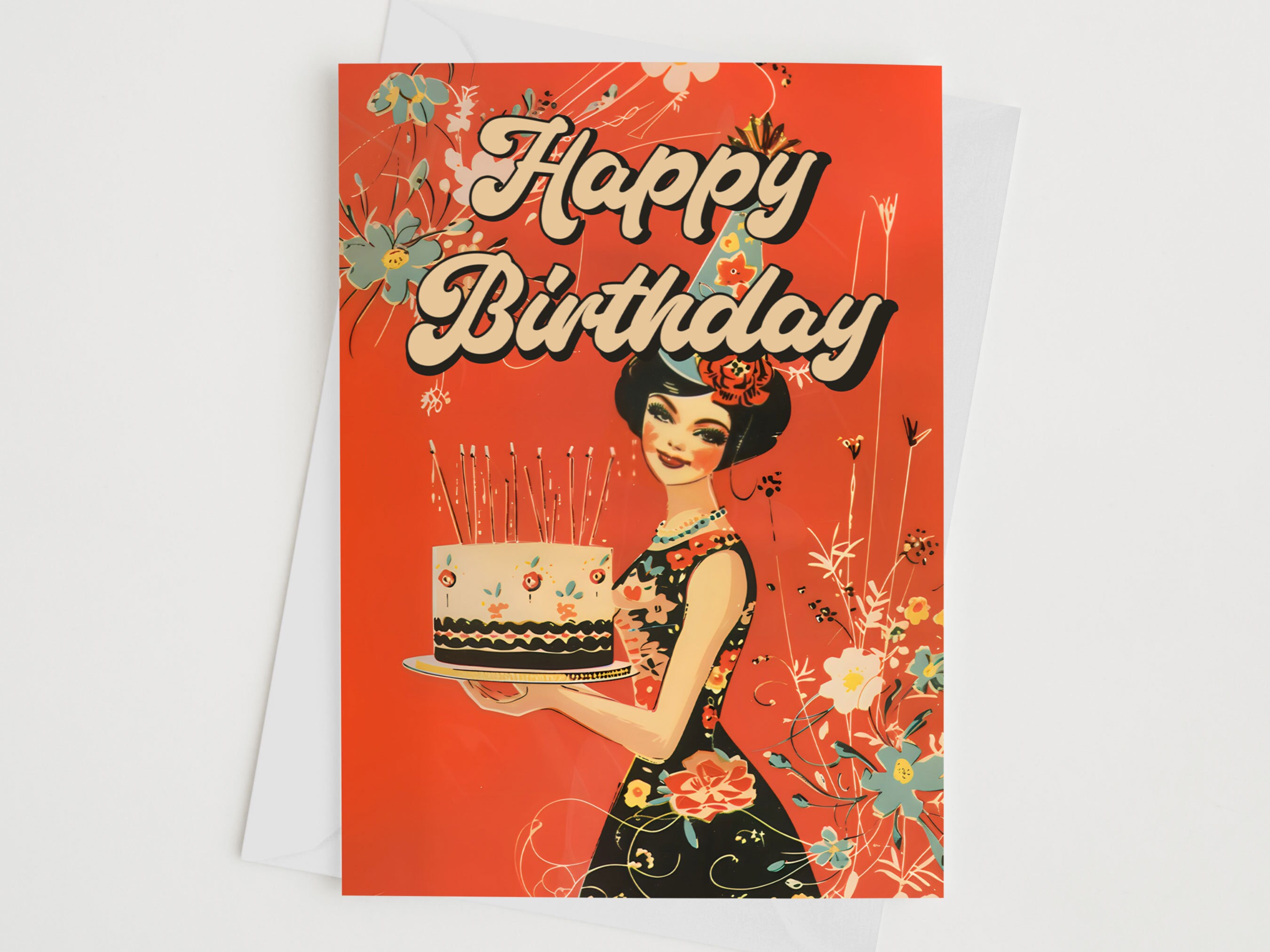 Vintage/retro Style Greetings Card - Girl With Cake and Candles - 1950s ...