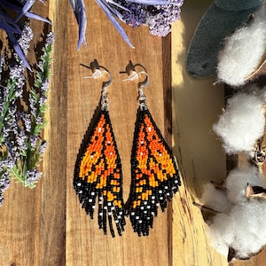 Monarch butterfly wing seed bead brickstitch dangle drop earrings