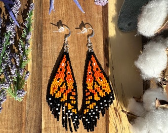 Monarch butterfly wing seed bead brickstitch dangle drop earrings