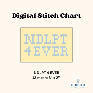 May include: A digital stitch chart with the text "NDLPT 4 EVER" in light blue pixelated letters on a yellow background. The chart measures 3" x 2" and is labeled "13 mesh". The words "Digital Stitch Chart" are at the top.