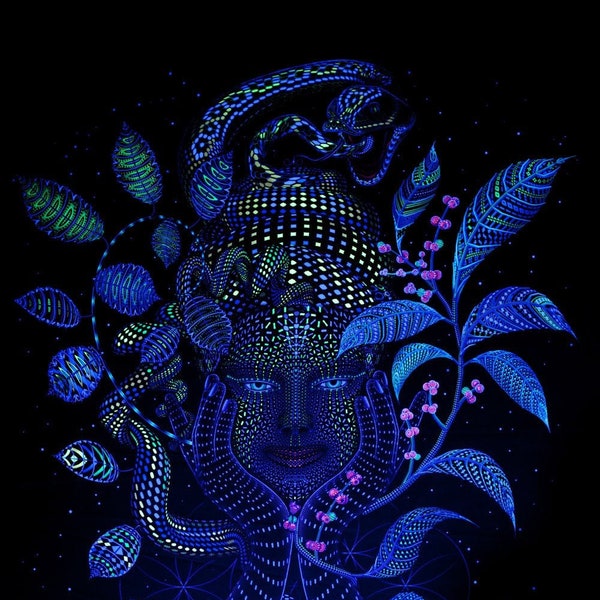 Blacklight active Backdrop Shamanic Ayahuasca Wall hanging tryppy Psytrance psychedelic UV tapestry, Fluorescent Space shamanic digital art
