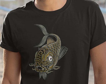 Koi Fisch Art T-Shirt Schwarz - Ornamental Japanisch Linework Männer