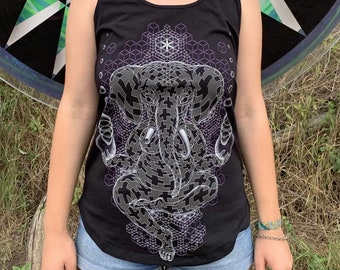 Camiseta sin mangas Ganesh: Top de yoga de algodón con brillo UV y geometría sagrada