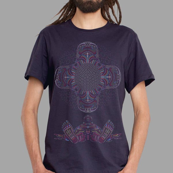 Psychedelic T-shirt for Men in Aubergine, DMT Inspired, UV reactive, Ayahuasca, Burning Man Clothing, Burning Man Men, Festival Shirt