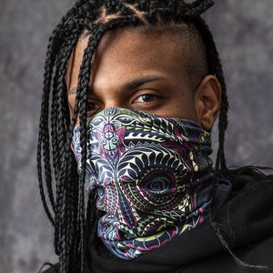Rave Dust Mask, Festival Dust Mask - TA MOKO GREY - Cotton Face Mask, Festival Head Wrap, Neck Gaiter, Tube Mask, Face Shield, Bandana Snood