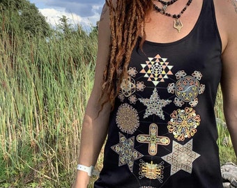 Sacred Geometry Tank, Music Festival Top, Burning Man - SYMBOL TREE - Dmt inspired Clothes for Yoga, UV active shirt, Kabbalah Inspired Top.