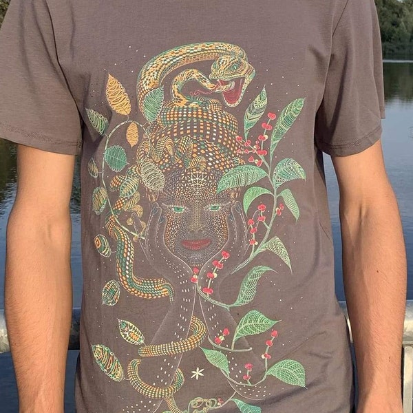 Trippy men's shirt in olive - AYA - Spiritual clothing for men.  Ayahuasca psychedelic t-shirt.