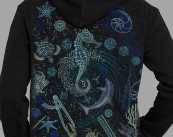 Psychedelic Sacred Geometry Hoodie - BLUE PRINT - SEA - spiritual clothing, gift for him.