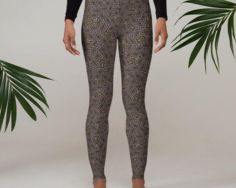 May include: Green, purple, and brown patterned leggings. The leggings have a geometric design.