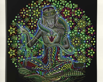 Enchanting UV-Active Tapestry: Bring the Beauty of Shipibo-Shaman Women Home Song Weaving Tapestry, Black Light Active Tapestry Wall hanging