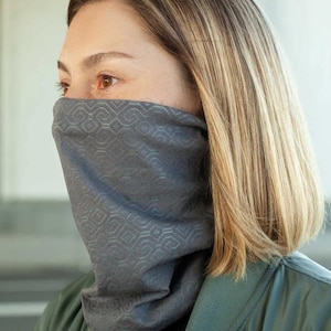 Tribal Face Mask - SHIPIBO-CONIBO GLOW Grey - Festival Mask, Dust Mask, Cotton Face Mask, Neck Gaiter, Bandana Snood, Rave Dust Mask.