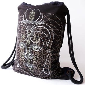 Mochila com cordão Buddha Vibes: bolsa de festival com proteção UV que brilha no escuro