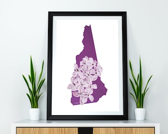 New Hampshire State Flower Purple Lilac Art Digital Descargar geografía y mapas de EE. UU., idea de regalo, impresión en casa, regalo de inauguración de la casa, regalo nh