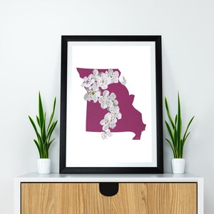 Puede incluir: Una impresión enmarcada del estado de Misuri en color rosa intenso con flores blancas en cascada por el lado del contorno del estado. La impresión está sobre un fondo blanco y está enmarcada en negro.