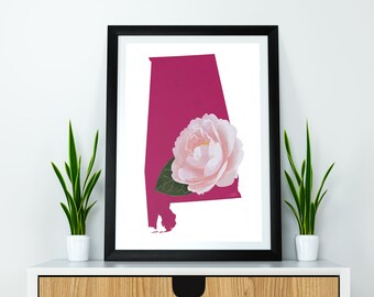 Alabama State Flower Camellia, descarga digital, Geografía y mapas de EE. UU., Idea de regalo, impresión en casa, regalo de inauguración de la casa, regalo de alabama