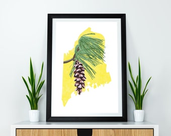 Maine State Flower White Pine Cone and Tassel Art Digital Download USA Geography and Maps, gift idea, print at home, housewarming gift