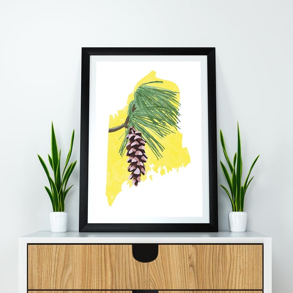 Maine State Flower White Pine Cone and Tassel Art Digital Download USA Geography and Maps, gift idea, print at home, housewarming gift