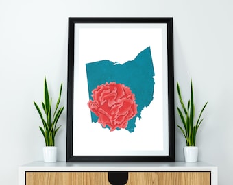 Clavel rojo de la flor del estado de Ohio, descarga digital, geografía y mapas de EE. UU., idea de regalo, impresión en casa, regalo de inauguración de la casa, regalo de Ohio