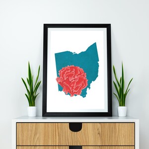 Clavel rojo de la flor del estado de Ohio, descarga digital, geografía y mapas de EE. UU., idea de regalo, impresión en casa, regalo de inauguración de la casa, regalo de Ohio