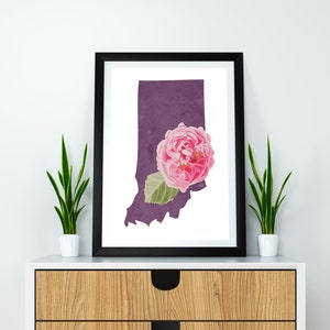 Indiana State Flower Peony Art Digitale Download USA Geografie en Kaarten, cadeau idee, print thuis, Inwijdingsfeest cadeau, Indiana cadeau